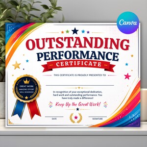 May include: An Outstanding Performance Certificate with a white background, rainbow-coloured corners, and blue text. It features a gold seal with a crown, red ribbons, and stars. The text reads: Outstanding Performance Certificate, Great Work, and Keep Up the Great Work!