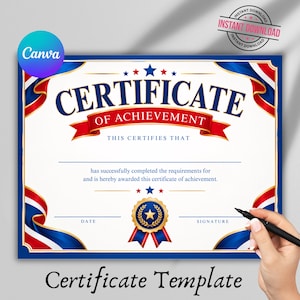 Puede incluir: Una plantilla de certificado de logro con un borde rojo, blanco y azul y detalles de cinta. El texto dice Certificate of Achievement, This certifies that, has successfully completed the requirements for and is hereby awarded this certificate of achievement, Date y Signature. Un sello dorado con una estrella está centrado en la parte inferior.