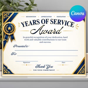 Può includere: Un certificato di riconoscimento per anni di servizio su sfondo color crema con accenti blu navy e oro. Il testo recita Recognition, Appreciation, Dedication, Years of Service Award, Presented to, For, Signature, Date e Thank You for your commitment.