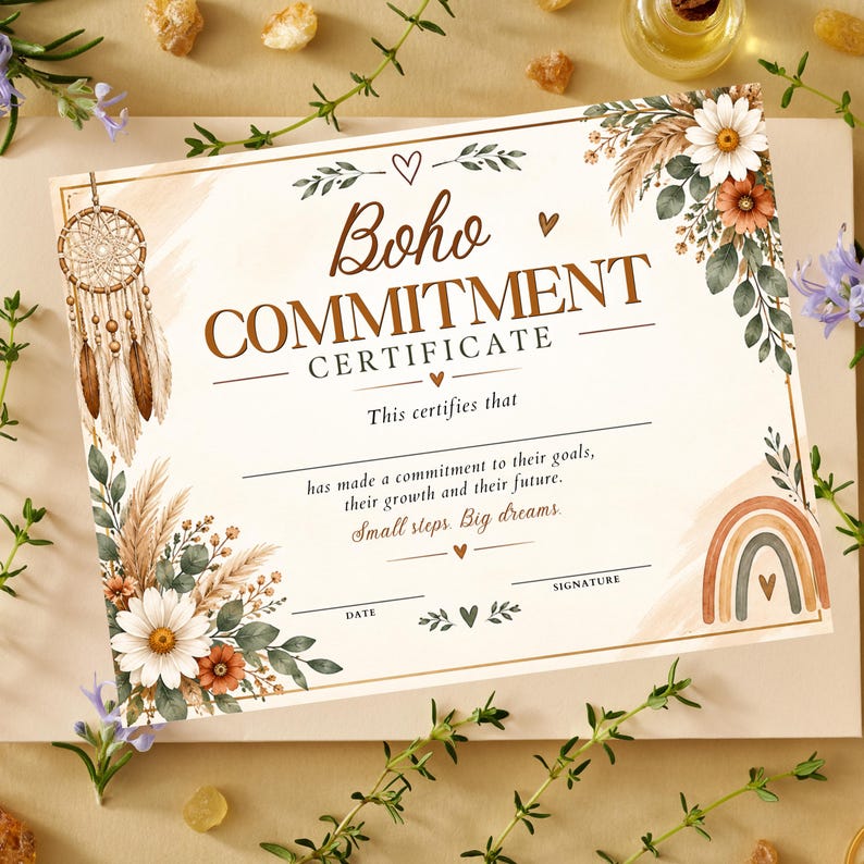 K&ouml;nnte beinhalten: Ein rechteckiges Zertifikat mit dem Titel Boho Commitment Certificate in brauner Schrift, das einen Traumf&auml;nger auf der linken Seite, einen Regenbogen rechts und Blumenarrangements mit G&auml;nsebl&uuml;mchen und Pampasgras auf einem cremefarbenen Hintergrund zeigt.