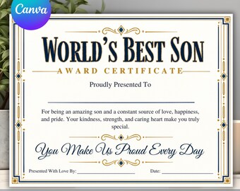 Certificaat voor 's Werelds Beste Zoon, printbare waarderingsprijs voor zoon, bewerkbaar cadeaucertificaat voor het gezin, gepersonaliseerd aandenken voor zoon