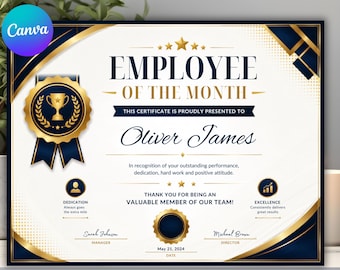 Employee of the Month Certificate Template |Editable Staff Recognition Award | Printable Employee Appreciation Certificate |Instant Download