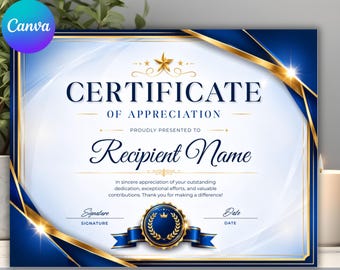 Könnte beinhalten: Eine Vorlage für eine Anerkennungsurkunde mit weißem Hintergrund und dunkelblauen sowie goldenen geometrischen Akzenten in den Ecken. Der Text lautet Certificate of Appreciation, Proudly Presented To, Recipient Name, inklusive Signatur- und Datumszeilen.