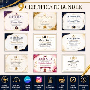 Puede incluir: Un paquete digital de nueve plantillas de certificados con varios bordes decorativos, tipografía e iconos en dorado, azul marino y morado. El texto incluye 9 CERTIFICATE BUNDLE, INSTANT DOWNLOAD, DIGITAL DOWNLOAD, EDIT IN CANVA y COMMERCIAL USE.