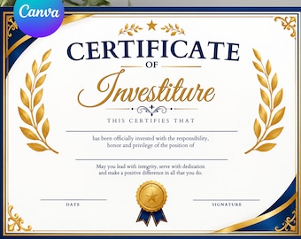 Sjabloon voor een installatiecertificaat, bewerkbare onderscheiding voor de inductieceremonie, printbare erkenning voor leiderschap (digitale download)