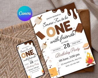 Smore Fun to Be One Birthday Invitation Template | One Fun Camper First Birthday Invite | Editable 1st Birthday Invitation |Digital Download