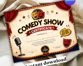 Comedy Show Certificate Template, Printable Comedy Award Certificate, Funny Performance Certificate, Editable Recognition, Instant Download