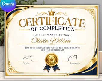 Gold Certificate of Completion Template, Editable Completion Certificate, Printable Achievement Award, Elegant Certificate, Instant Download