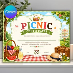 May include: A rectangular picnic certificate featuring a colourful illustration of a wicker basket with fruit, a red and white checkered cloth, a glass of lemonade, a straw hat, and a wooden signpost with the words FUN, FRIENDS, and MEMORIES.