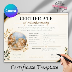 Peut inclure: Un modèle de certificat d'authenticité avec un fond crème, des accents dorés et une peinture abstraite circulaire. Le document comprend des champs pour le titre, le nom de l'artiste, le médium, les dimensions de 114 cm sur 175 cm et la date.