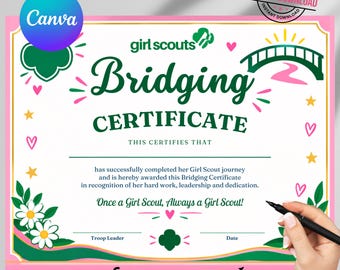 Personalized Girl Scout Bridging Certificate, Editable Canva Troop Award, Bridging Ceremony Certificate, End of Year Printable Gift