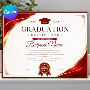May include: A graduation certificate template featuring a white background with deep red and gold curved borders. The text reads GRADUATION CERTIFICATE, THIS CERTIFIES THAT, Recipient Name, OUTSTANDING ACHIEVEMENT AND DEDICATION, and WELL DONE.