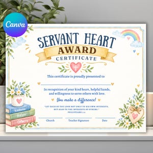 Pode incluir: Um certificado retangular Servant Heart Award com ilustrações de arco-íris, nuvens e flores. O texto diz: Servant Heart Award Certificate, This certificate is proudly presented to, In recognition of your kind heart, helpful hands, and willingness to serve others with love. You make a difference! Let each of you look not only to his own interests, but also to the interests of others. Philippians 2:4. Inclui linhas para Church, Teacher Signature e Date.