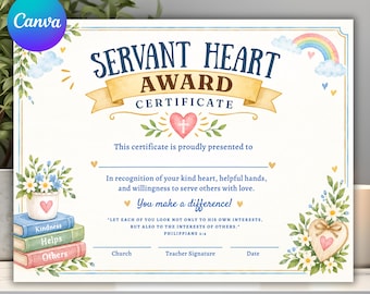 Certyfikat nagrody Servant Heart, nagroda za uznanie dla wolontariuszy, certyfikat uznania za służbę, edytowalny szablon Canva (pobranie cyfrowe)