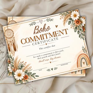 K&ouml;nnte beinhalten: Ein rechteckiges Zertifikat mit der Aufschrift Boho COMMITMENT CERTIFICATE in brauner Schrift. Es zeigt Illustrationen von Traumf&auml;ngern, G&auml;nsebl&uuml;mchen, Pampasgras und einem Regenbogen. Das Dokument enth&auml;lt Zeilen f&uuml;r einen Namen, ein Datum und eine Unterschrift.