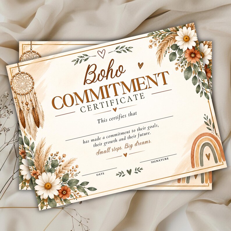 K&ouml;nnte beinhalten: Ein rechteckiges Zertifikat mit der Aufschrift Boho COMMITMENT CERTIFICATE in brauner Schrift. Es zeigt Illustrationen von Traumf&auml;ngern, G&auml;nsebl&uuml;mchen, Pampasgras und einem Regenbogen. Das Dokument enth&auml;lt Zeilen f&uuml;r einen Namen, ein Datum und eine Unterschrift.