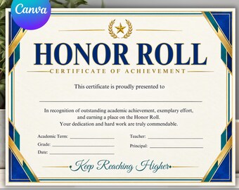 Bewerkbaar sjabloon voor een erecertificaat, afdrukbaar certificaat van prestatie, studentenprijs, direct te downloaden