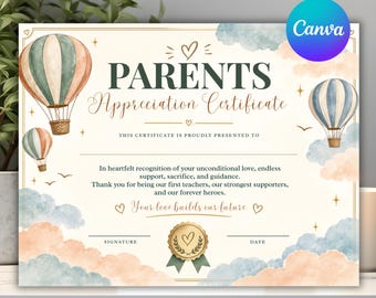 Parents Appreciation Certificate Template, Editable Parent Award Certificate, Family Appreciation Printable, Thank You Certificate