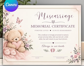 Sjabloon voor een herdenkingsakte bij een miskraam, aandenken bij zwangerschapsverlies, herdenkingsakte voor een baby, herinneringsakte, bewerkbaar Canva-bestand