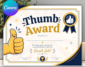 Thumb Award Certificate Template, Instant Download, Printable Achievement Award, Editable Certificate, Recognition, Digital Certificate