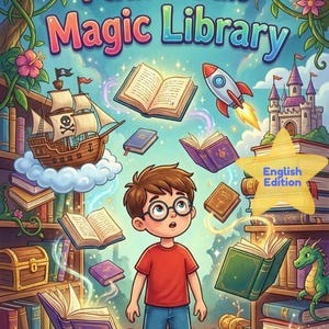 Könnte beinhalten: Buntes Kinderbuchcover mit dem Titel „Paul und die magische Bibliothek“. Das Bild zeigt einen Jungen mit Brille, umgeben von schwebenden Büchern, einem Piratenschiff, einer Rakete und einem Schloss. Text enthält „Help, I can't read!“ und „English Edition“.