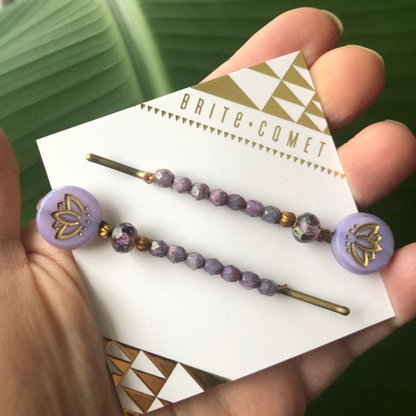 Haar-Pin-|  Lila Lotus Perlen Bobby Pins | Haar-Accessoire-| Geschenke für unter 20 | Kleine Geschenke