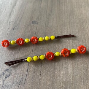 Hair Pin  | Orange and Yellow Flower Beaded Bobby Pins | Hair Accessory