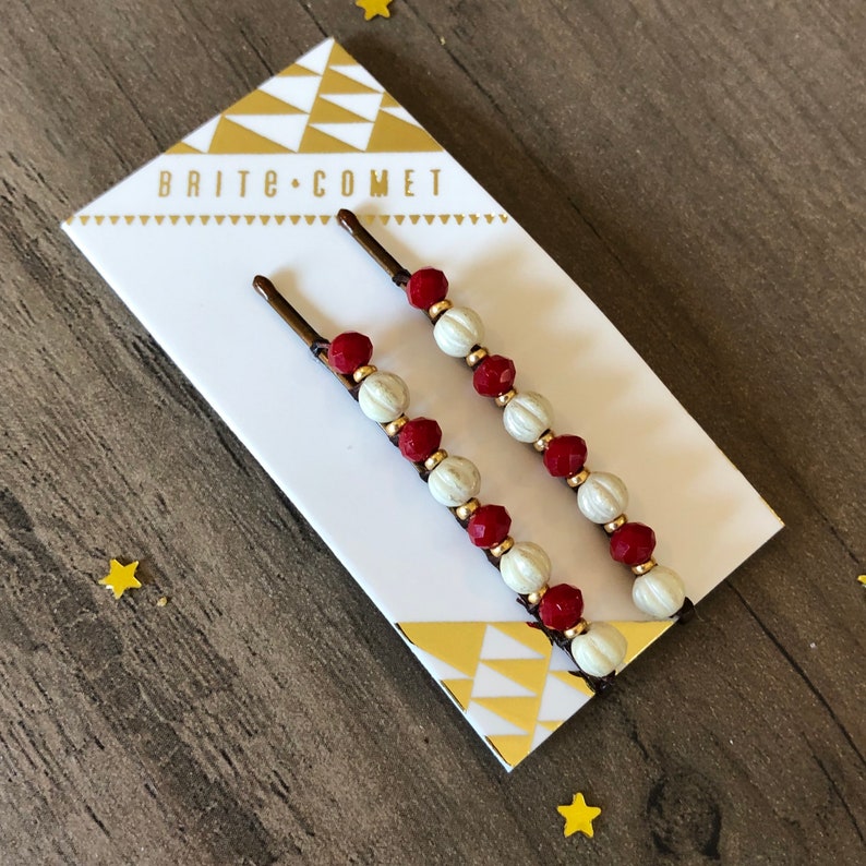 Hair Pin Gifts for under 20 Small gifts Holiday Red and White Beaded Bobby Pins Hair Accessory