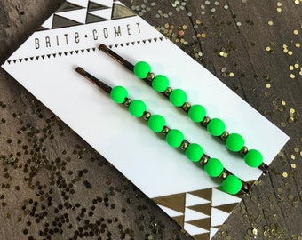 Hair Pin  |  Neon Green Beaded Bobby Pins | Hair Accessory | Gifts for under 20 | Small gifts