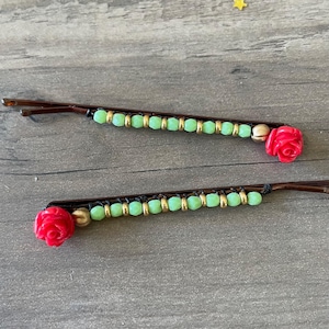 Hair Pin  |  Red Rose Green Beaded Bobby Pins | Hair Accessory |