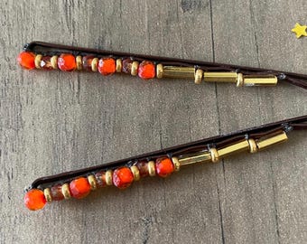 Oranje haarspeldjes | Haaraccessoire met kralen
