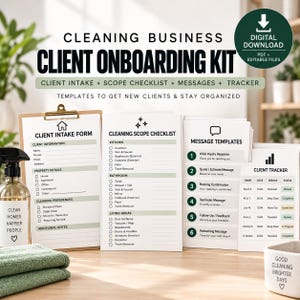 Cleaning Business Client Onboarding Kit | New Client Intake, Scope Checklist, Messages & Tracker