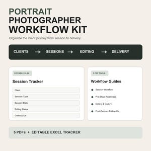 Könnte beinhalten: Workflow-Kit für Porträtfotografen mit dem Text: Organize the client journey from session to delivery. Enthält eine dunkle Leiste mit Clients, Sessions, Editing, Delivery. Beinhaltet einen bearbeitbaren XLSX-Tracker und 5 PDF-Workflow-Guides.