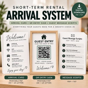 May include: A digital download set for a short-term rental arrival system including a welcome card, a framed guest entry sign with a QR code, and a guest message script document. The text includes headers like Welcome, Guest Entry, and Guest Message Scripts.