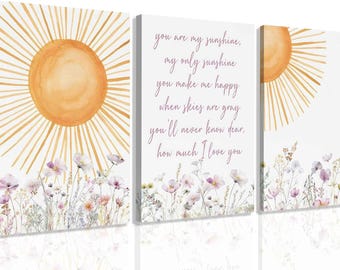 3 Piece Nursery Canvas Wall Art, You Are My Sunshine Decor, Floral Sun Wall Art Set, Baby Girl Nursery Decor, Boho Neutral Room Art