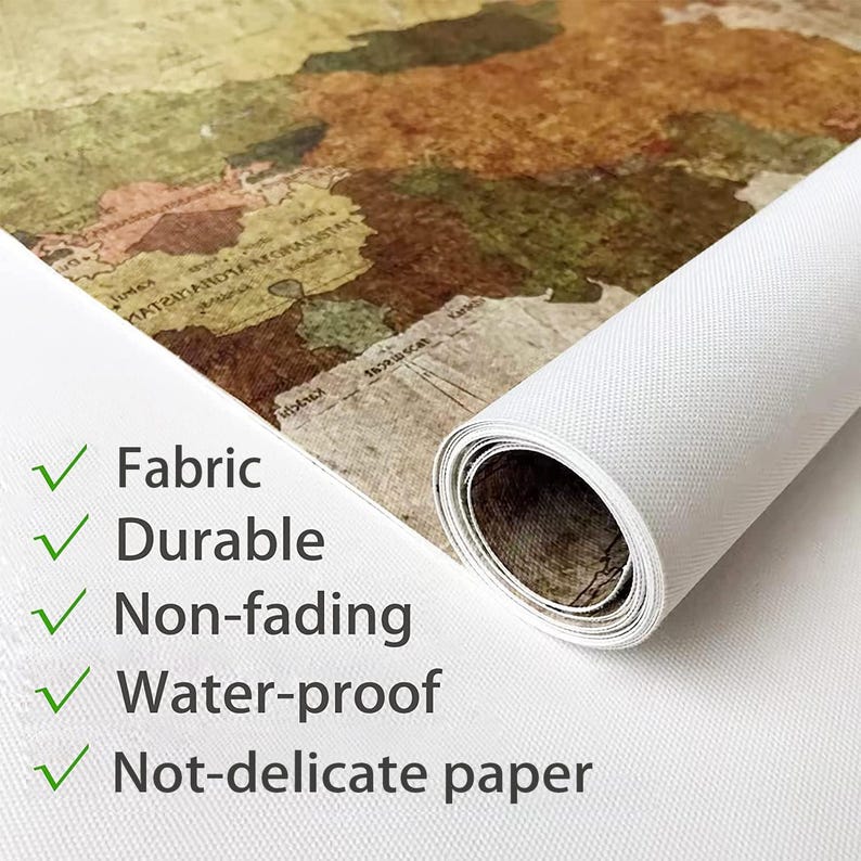 May include: Rolled canvas print of a vintage world map in shades of brown, green, and beige. The canvas is labeled "Fabric", "Durable", "Non-fading", "Water-proof", and "Not-delicate paper".