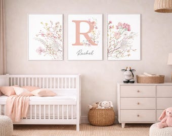 Personalized Floral Nursery Canvas Photo Wall Art Set 3 Of, Baby Girl Nursery Decor, Custom Name Initial Prints, Pink Wildflower Room Art