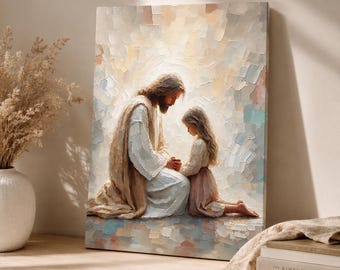 Jesus and Child Canvas Wall Art, Christian Wall Decor, Religious Painting Print, Faith Inspired Home Decor, Prayer Room Artwork Gift