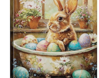Easter Bunny Canvas Wall Art, Spring Rabbit Painting, Floral Bathroom Decor, Pastel Easter Egg Artwork, Cottagecore Nursery Print