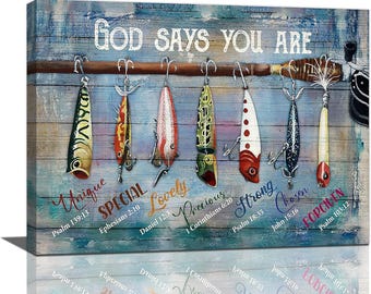 God Says You Are Fishing Canvas Wall Art, Christian Fisherman Gift, Bible Verse Rustic Decor for Dad, Husband, Cabin, Lake House