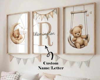 Personalized Teddy Bear Nursery Canvas Set of 3, Custom Name and Initial Nursery Wall Art, Baby Girl Boy Canvas Decor, Bear Balloon Wall Art