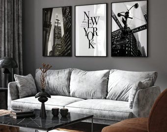 New York Canvas Wall Art Set of 3, Black and White NYC Canvas Prints, Empire State Building Wall Decor, Modern Apartment Art