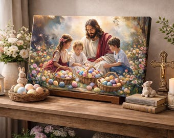 Jesus with Children Easter Canvas Print, Christian Wall Art, Religious Spring Decor, Prayer Room and Church Wall Decor