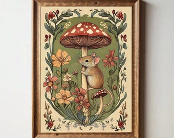 Mouse Mushroom Canvas Wall Art, Cottagecore Woodland Nursery Decor, Vintage Botanical Animal Canvas Print, Whimsical Kids Room Art