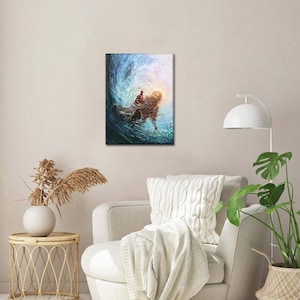 May include: A canvas print showing a figure in a swirling sea of blue and teal. The artwork features a central figure with outstretched arms, surrounded by dynamic water movement and a soft, glowing light.