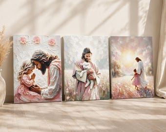 Jesus Wall Art Set of 3, Christian Canvas Wall Decor, Religious Canvas Prints, Jesus and Child Painting, Faith Home Decor, Christian Gift