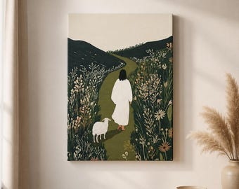 Good Shepherd Jesus Art Print, Floral Path Christian Wall Decor Canvas,  Canvas Print Wall Picture For Apartment, Living Room