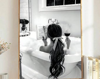 Black and White Bathroom Canvas Wall Art, Woman Drinking And Reading in Bathtub Canvas Print, Chic Spa Bathroom Decor, Spa Room Decor