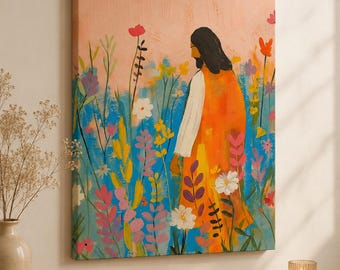Colorful Jesus & Wild Flowers Christian Art Poster, Vintage Bible Verse Aesthetic Oil Painting Canvas Print, Religious Canvas Print