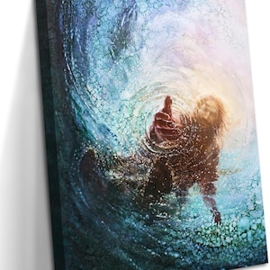 May include: A canvas print showing a figure reaching out from water, with a swirling effect. The artwork uses blues, greens, and browns, with a central light source. The image conveys a feeling of hope and salvation.